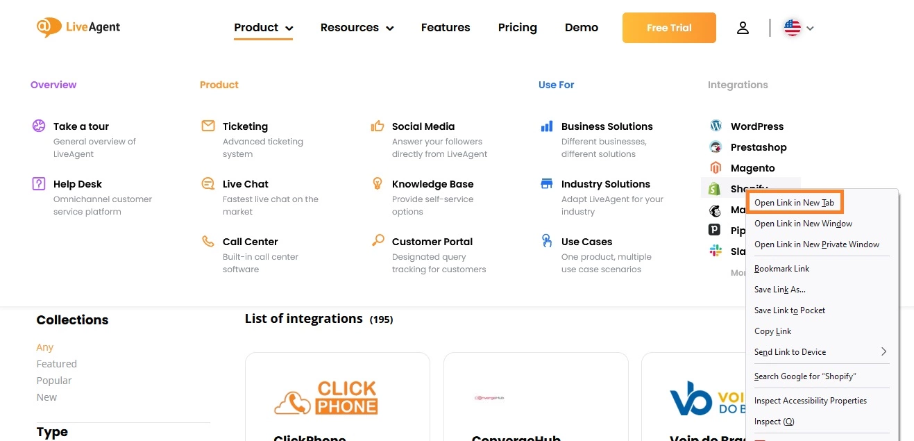 Eksempel på ny fane på LiveAgent-siden