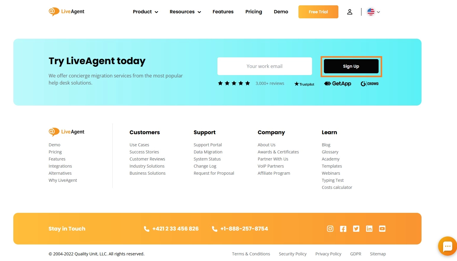 LiveAgent påmeldingsalternativ