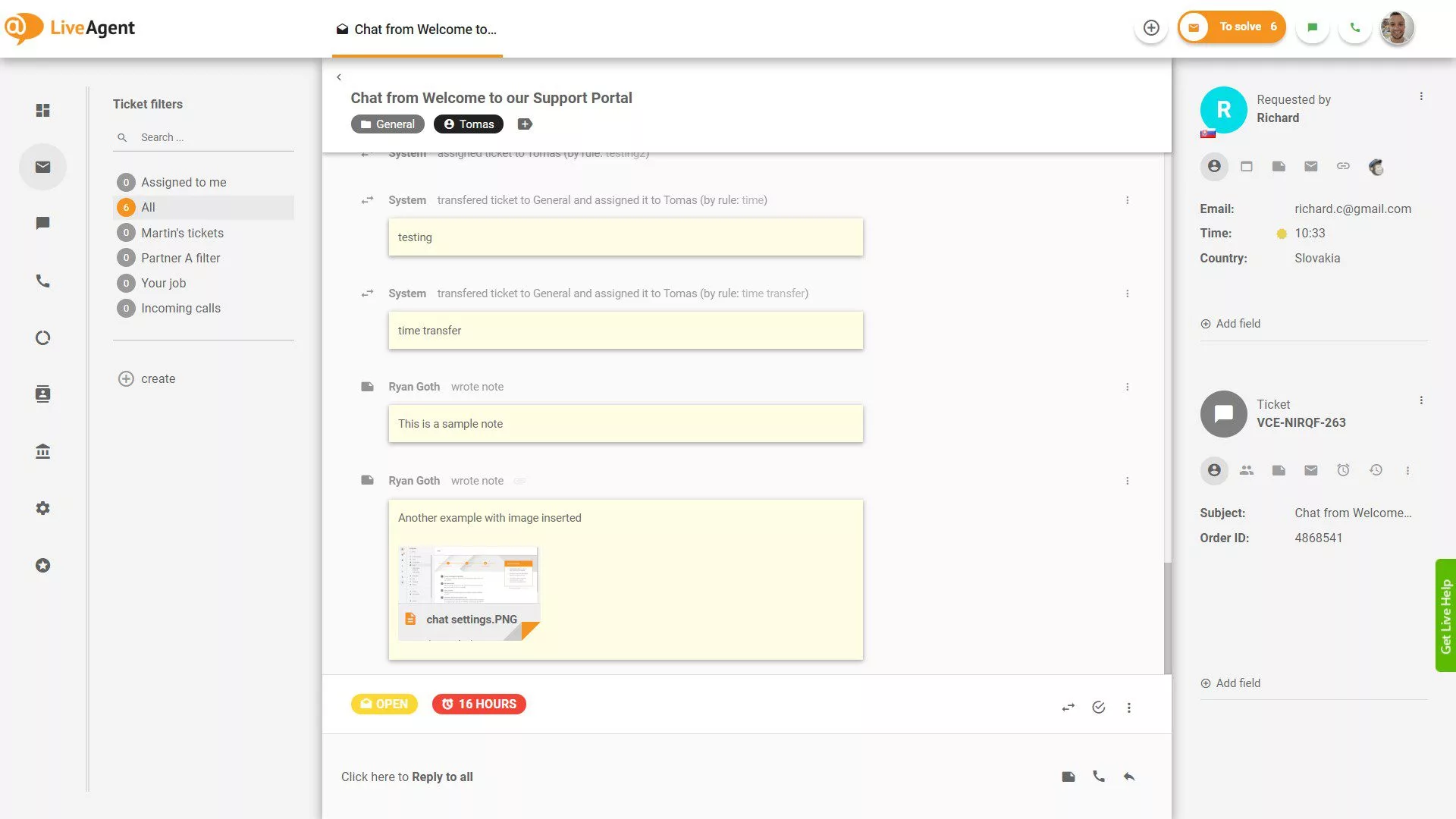 Notater inne i billetten i LiveAgent