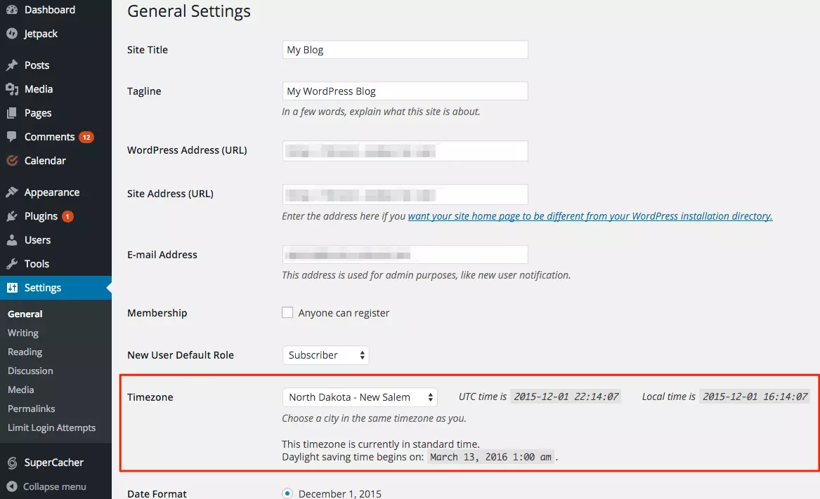 WordPress tidssoninnstillinger