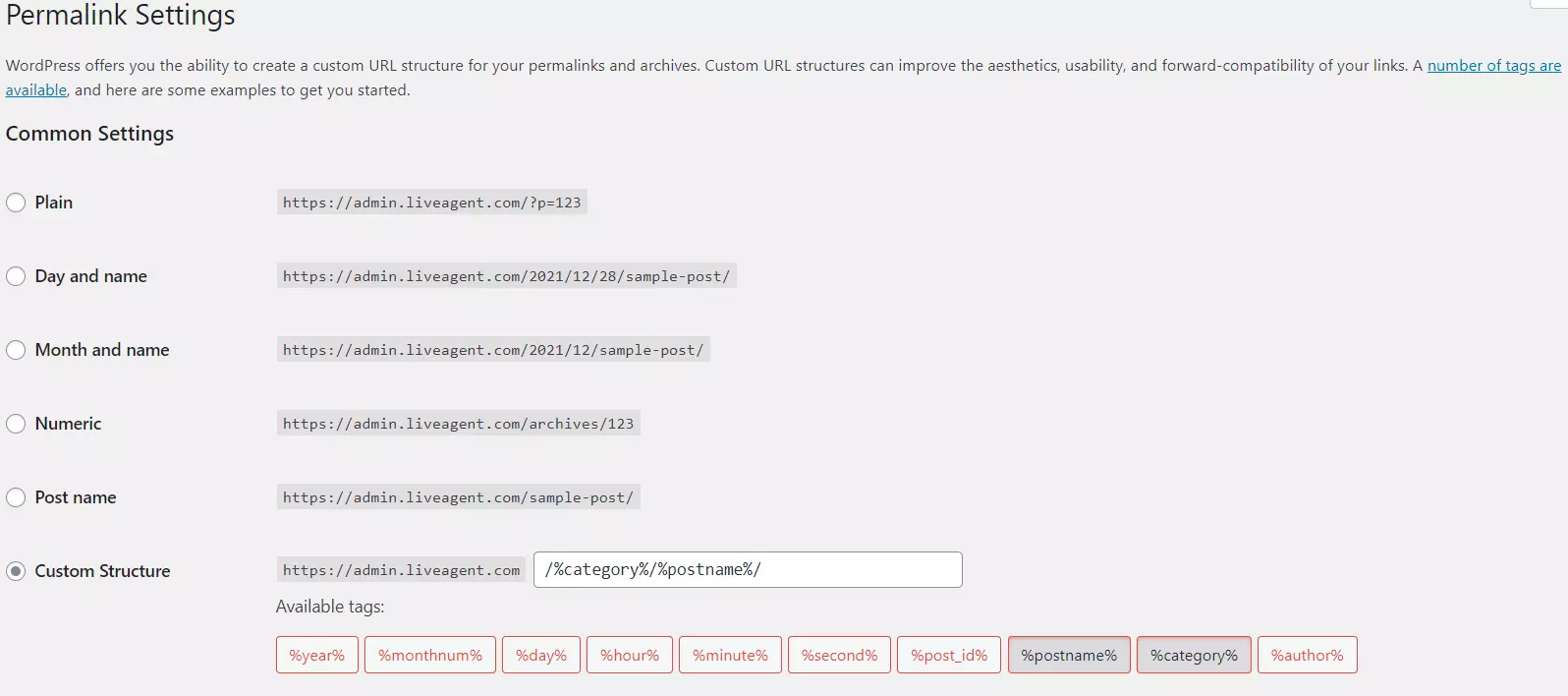 Eksempel på Permalenke-innstillinger