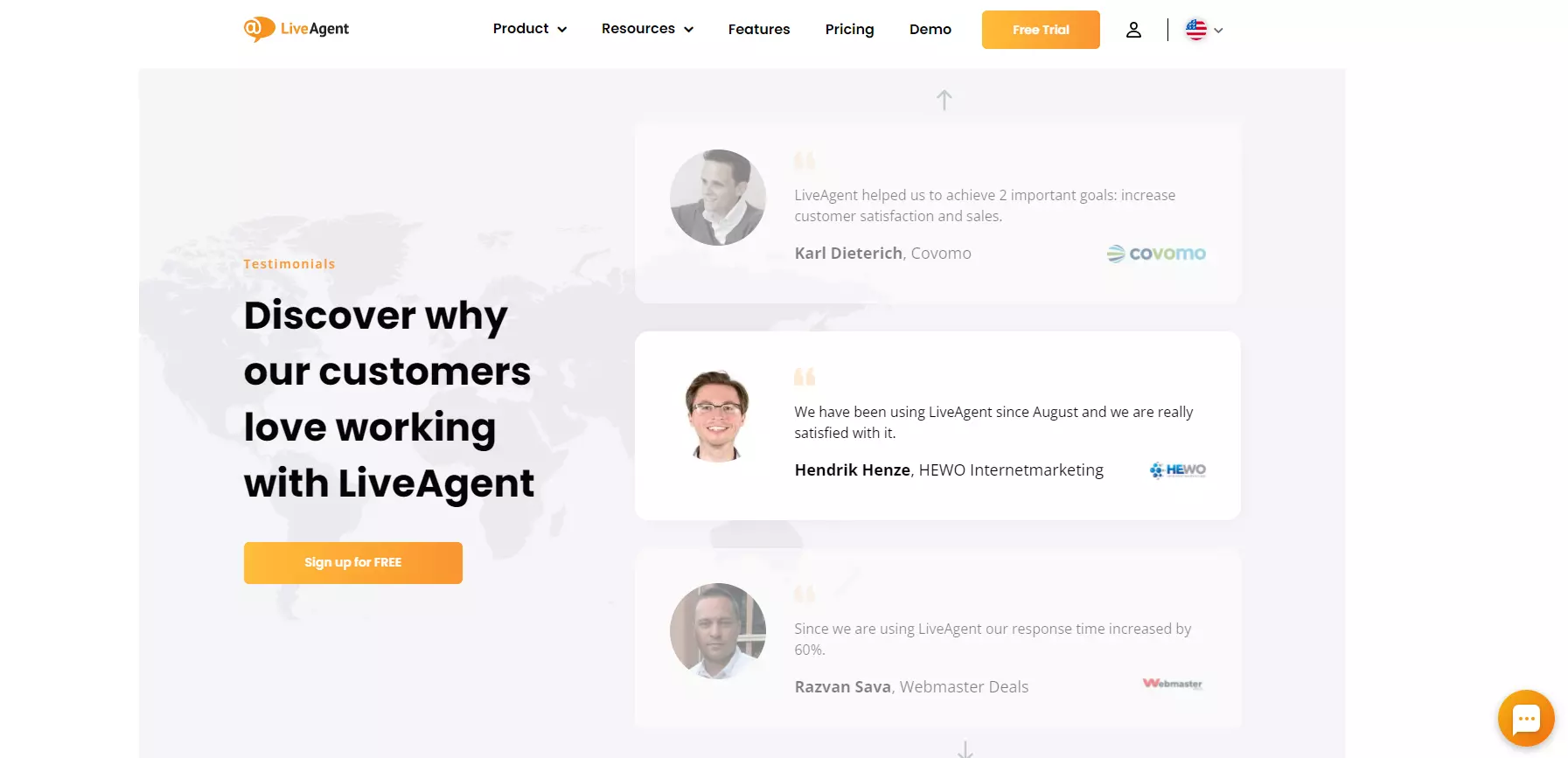 LiveAgent sin landingsside testimonier