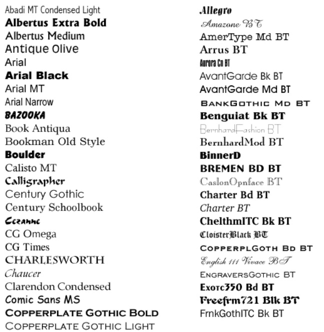 Eksempel på skrifttyper i MS Word