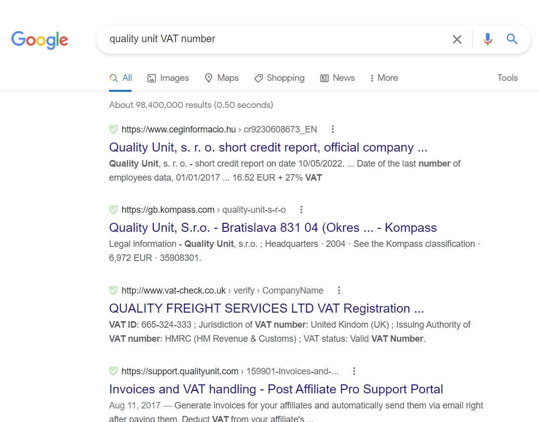 Quality Unit merverdiavgiftsnummer Google-søk