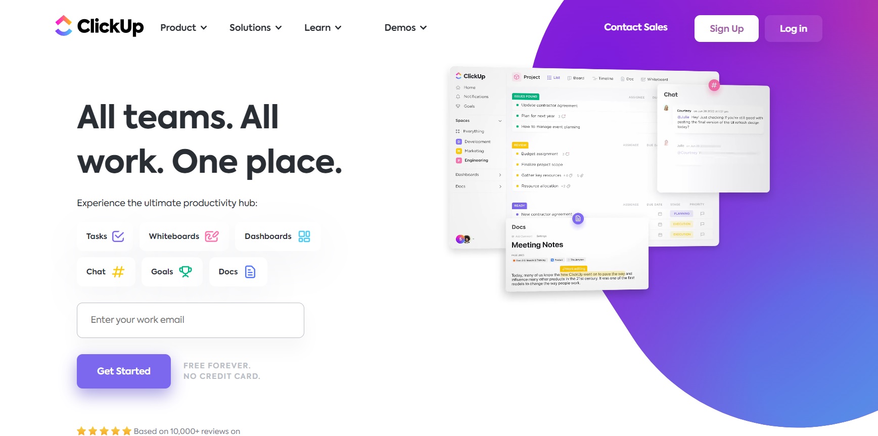 ClickUps hjemmeside - planlegg, spor og administrer enkelt prosjektene dine fra ett sted.