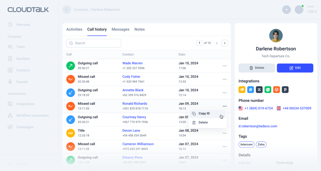 CloudTalk brukergrensesnitt