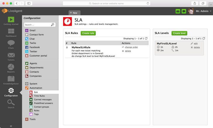 Bildet viser hvor du finner SLA-innstillinger i LiveAgent