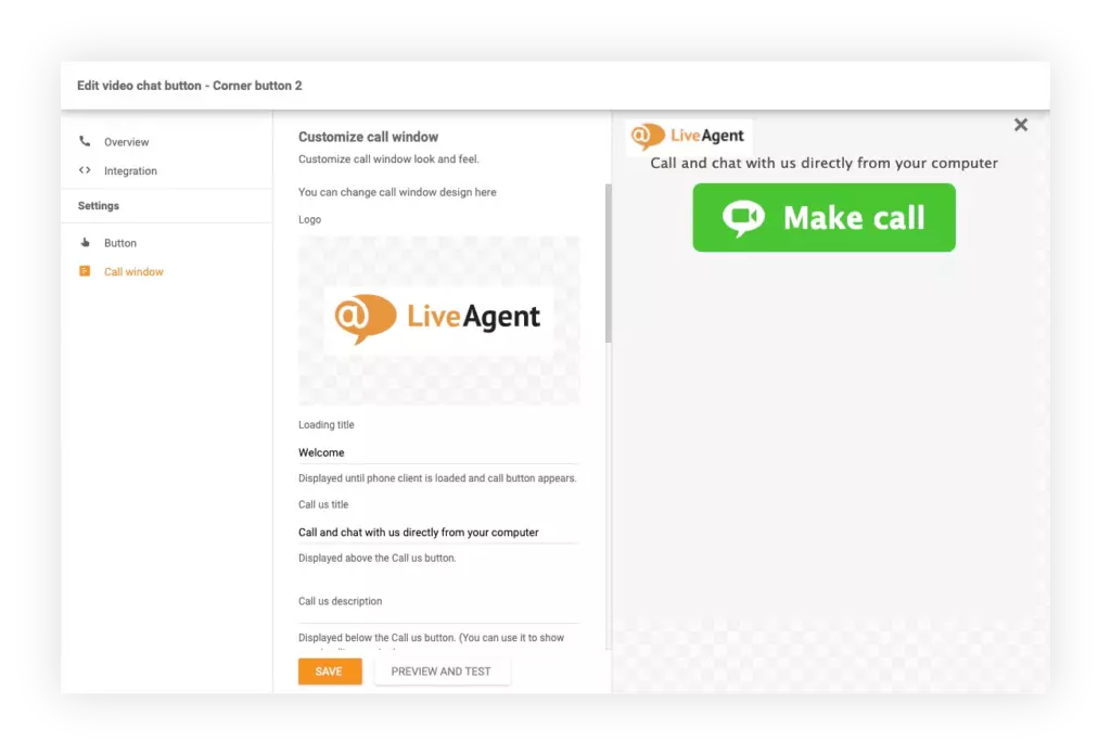 Innstillinger for videochat-knapp i LiveAgent