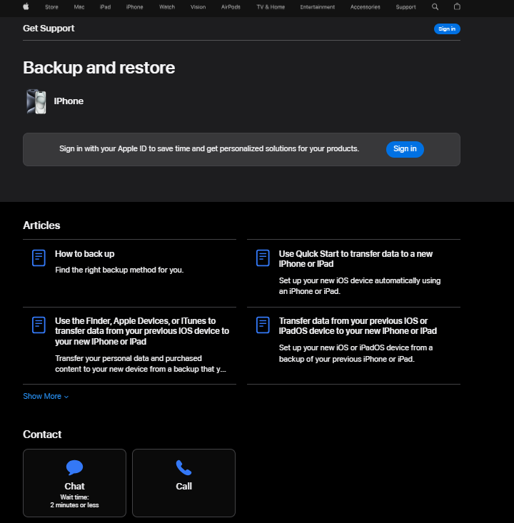 Apples supportside som viser deres supportalternativer