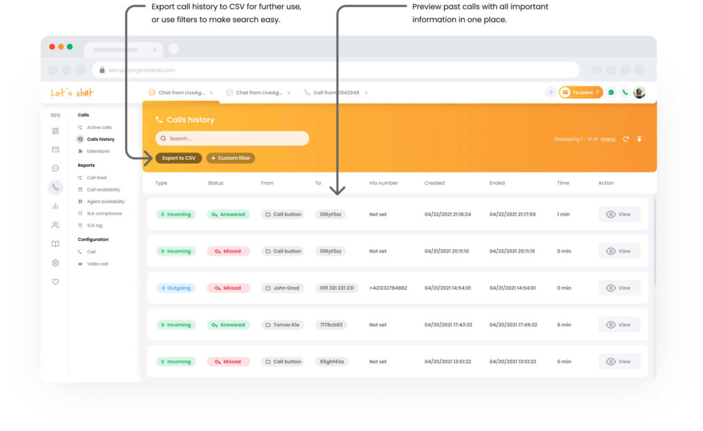 Samtalhistorikk-funksjon i LiveAgent Call Center