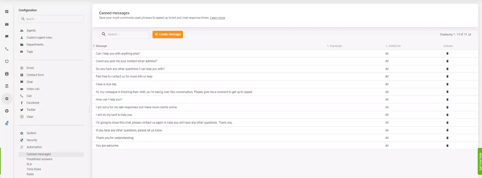 Ferdigskrevne svar under Automatisering i LiveAgent agent-grensesnitt