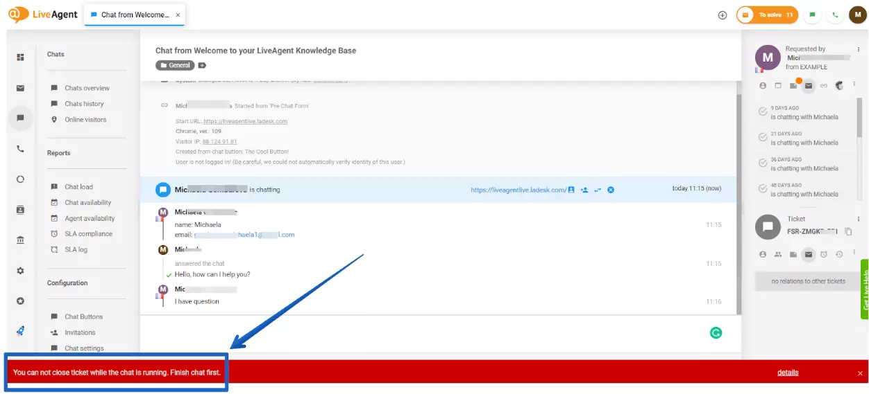 LiveAgent - uløst chat-advarsel