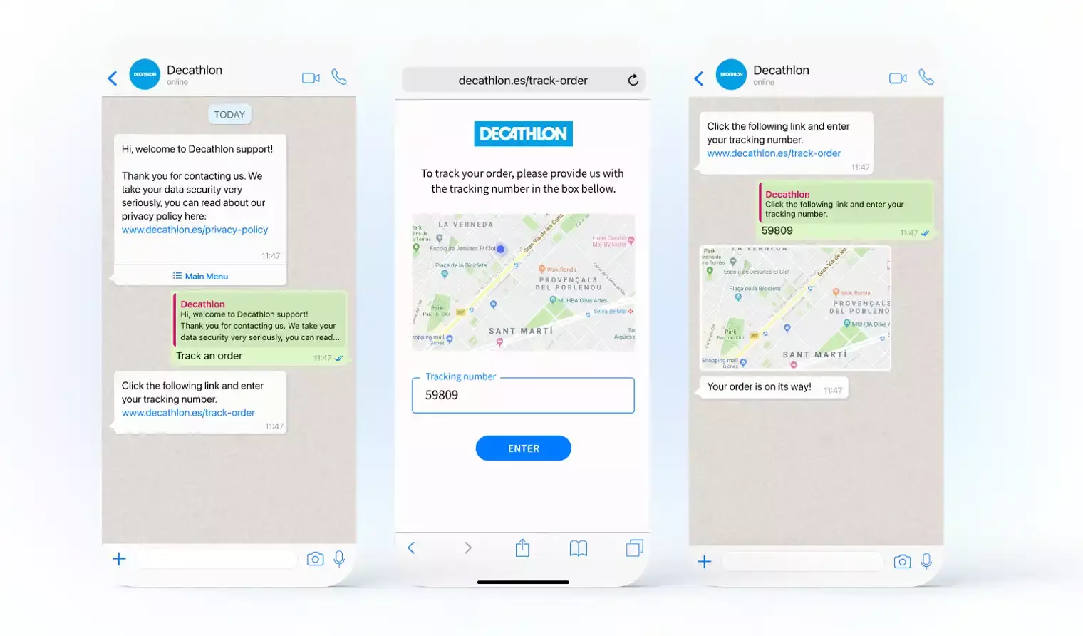 Decathlon live chat-funksjoner gjennom WhatsApp for ordresporing
