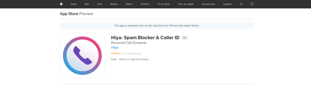 Hiya: Spam Blocker & Caller ID App Store-nettsted