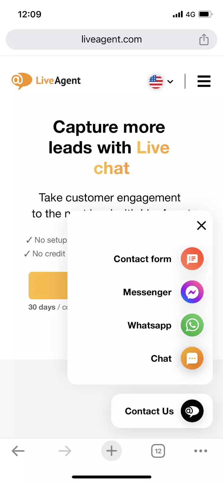 LiveAgent live chat-widget på mobil som viser flere kanaler