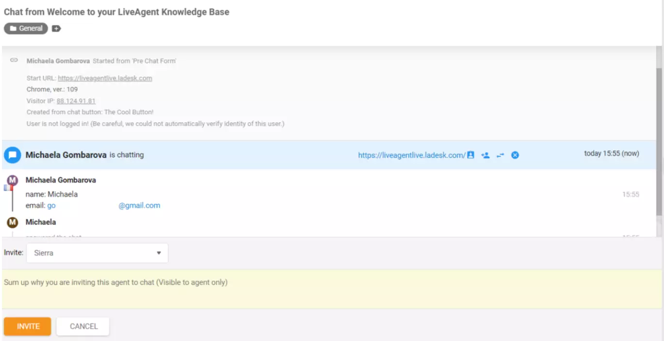 LiveAgent Agent invitert til chat