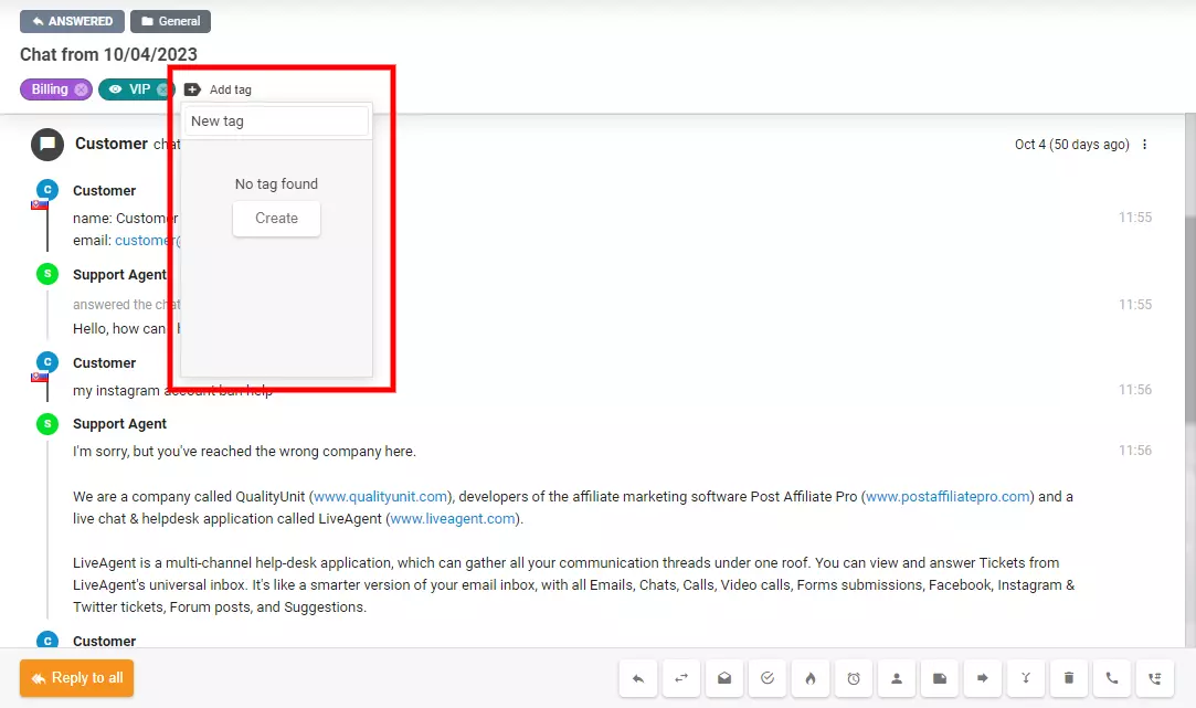 Bildet viser hvordan du oppretter en ny tagg direkte inne i en billett