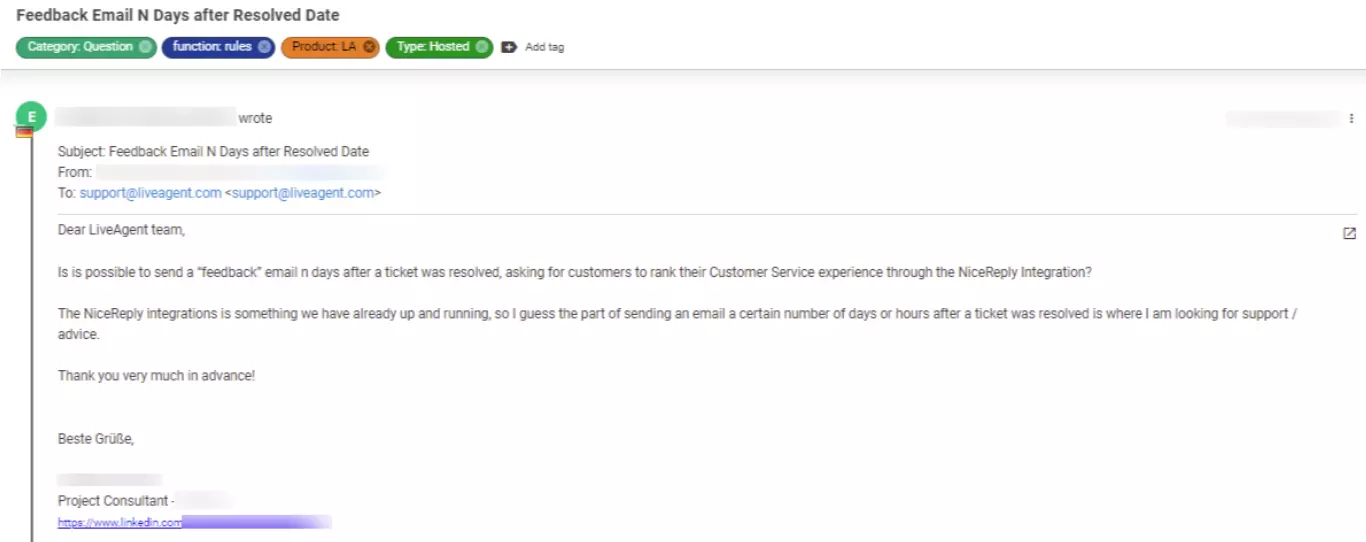 Skjermbilde av en billett som viser et kundeproblem som anses som lav prioritet.