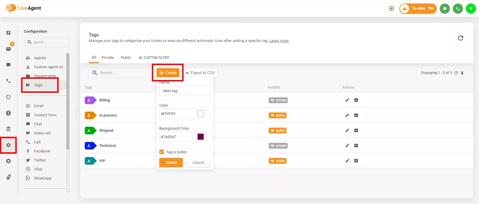 Bildet viser hvor du finner og oppretter tagger i LiveAgent