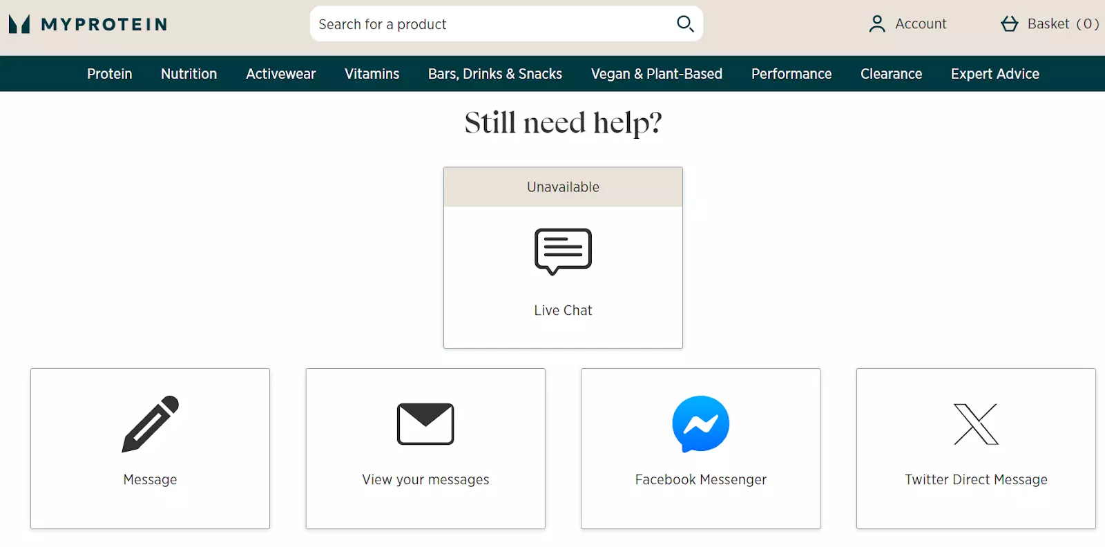 MyProtein supportside med kommunikasjonskanaler