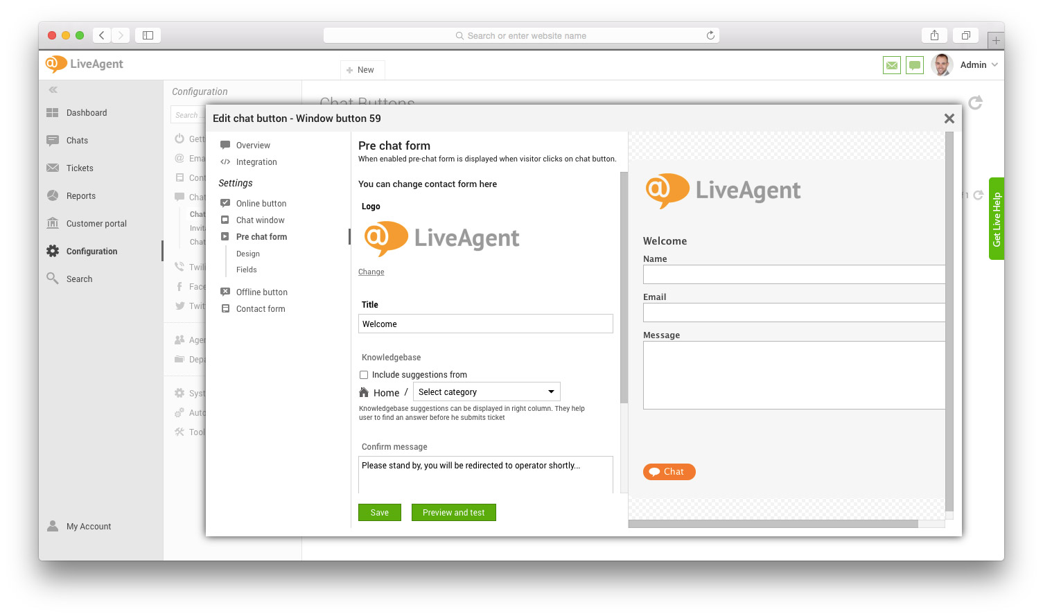 Pre-chat-skjema-vindu med felt og forhåndsvisning
