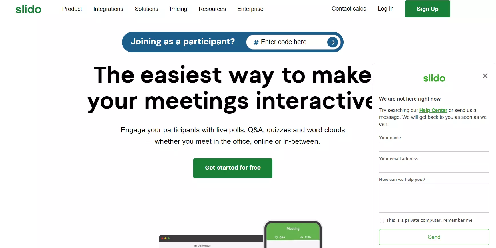 Slido-hjemmeside med chatboxen deres