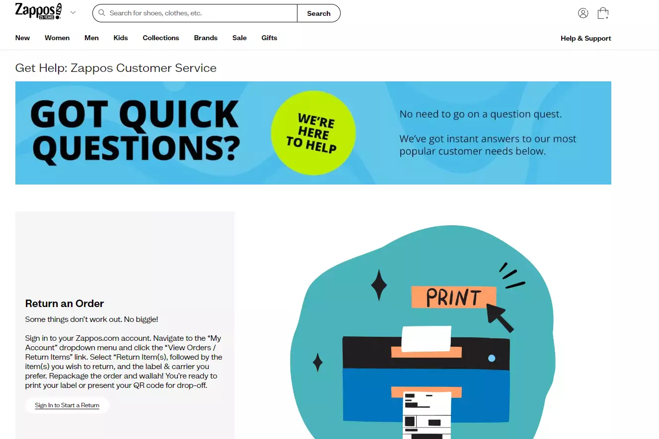 Zappos supportside som viser deres supportalternativer