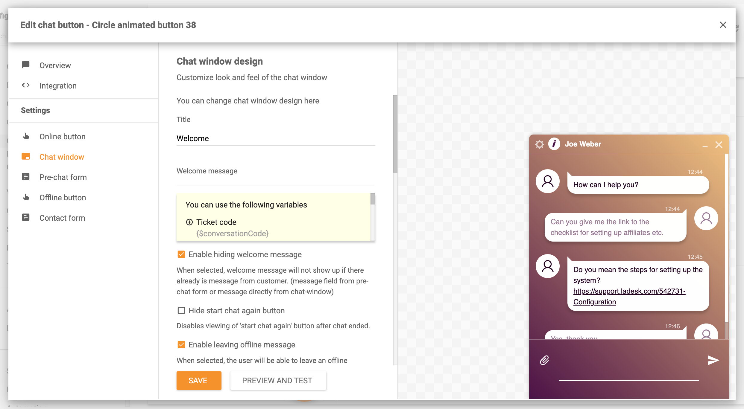 Chat window design options