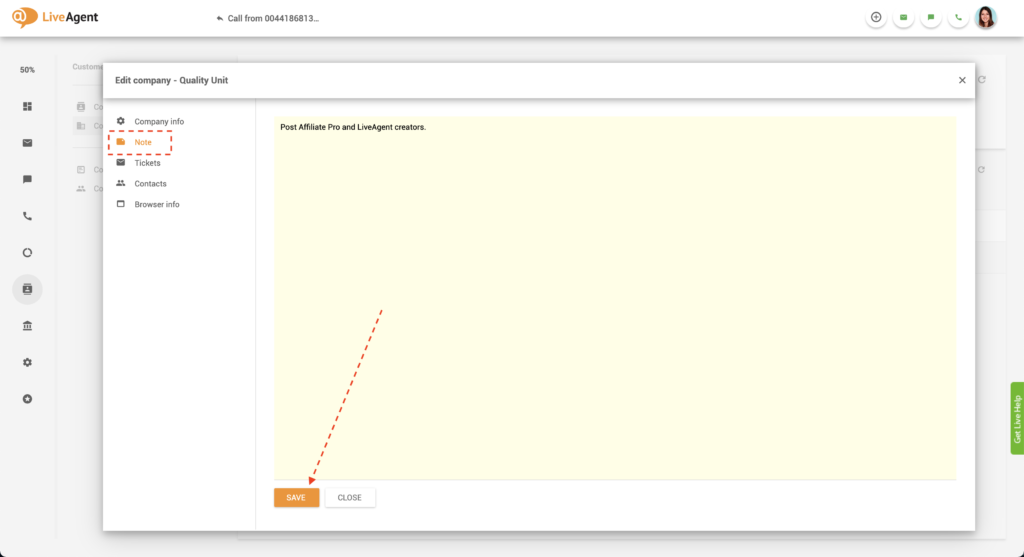 Selskapsnotat i LiveAgent
