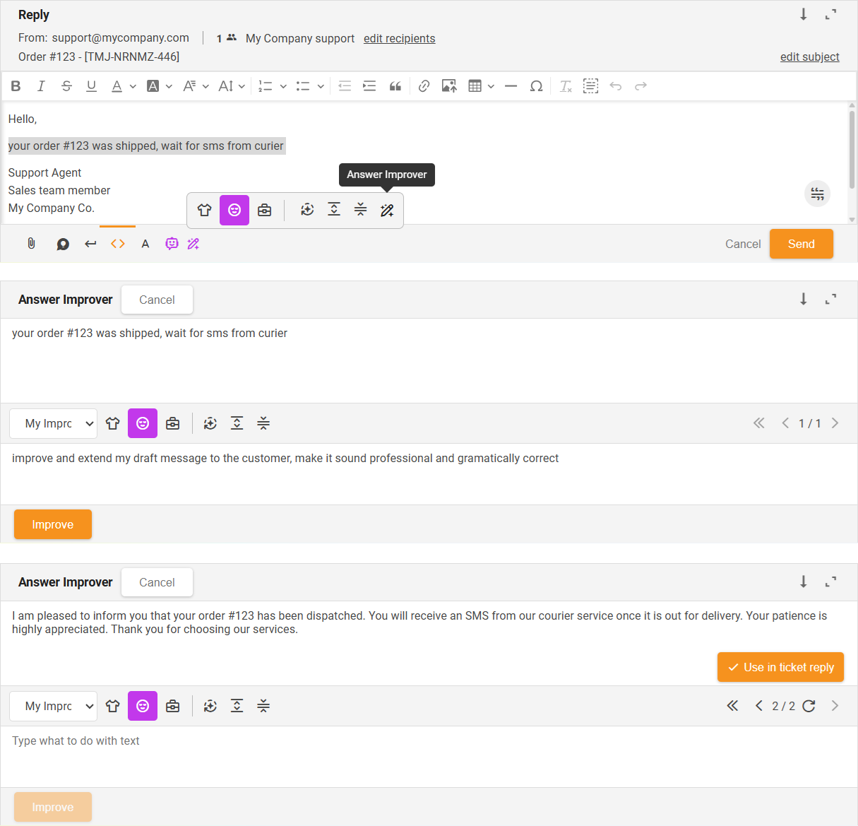 Answer Improver (egendefinerte instruksjoner) funksjon som forbedrer en melding