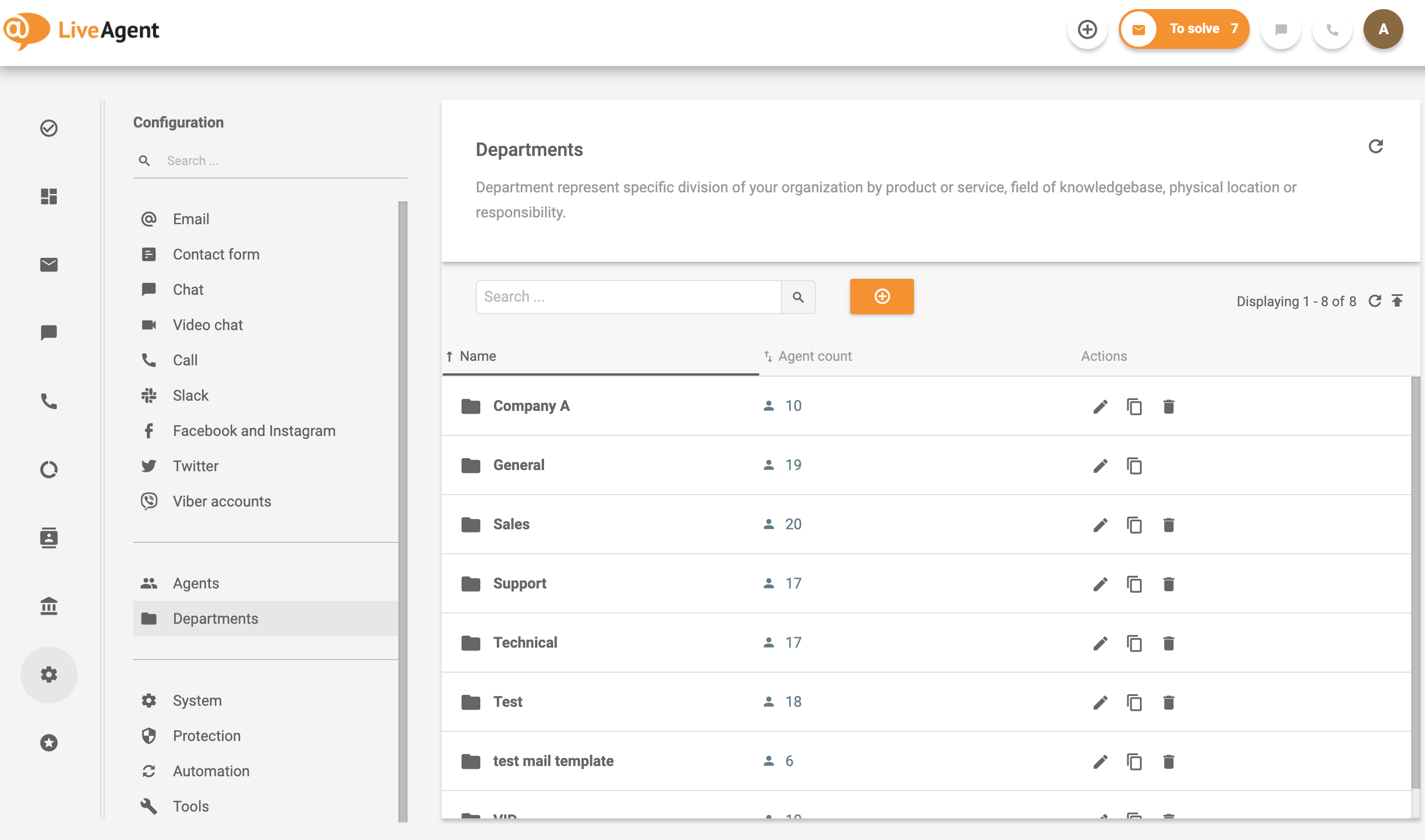 Avdelinger i LiveAgent