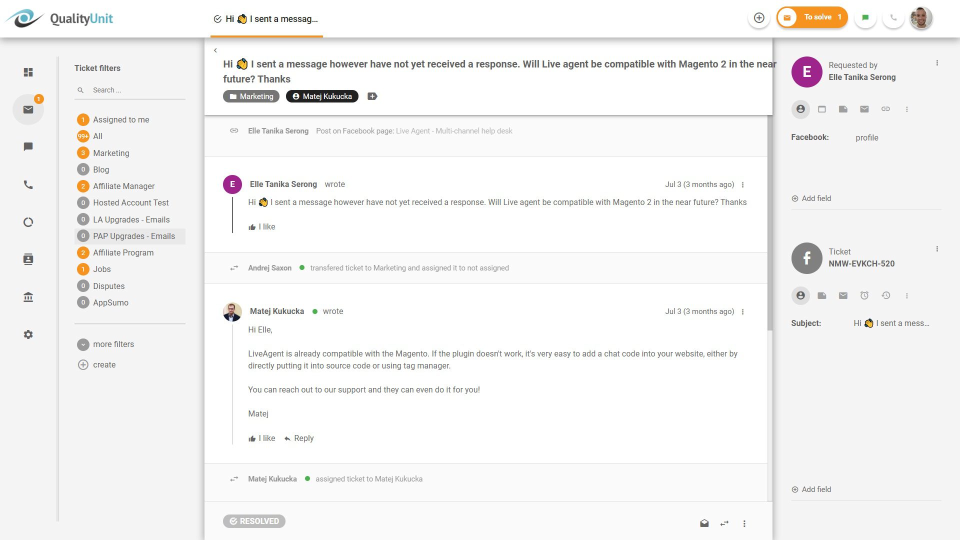 Svar på Facebook-innlegg fra LiveAgent