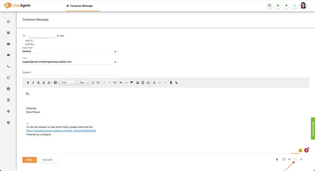 HTML-editor-knapp i LiveAgent