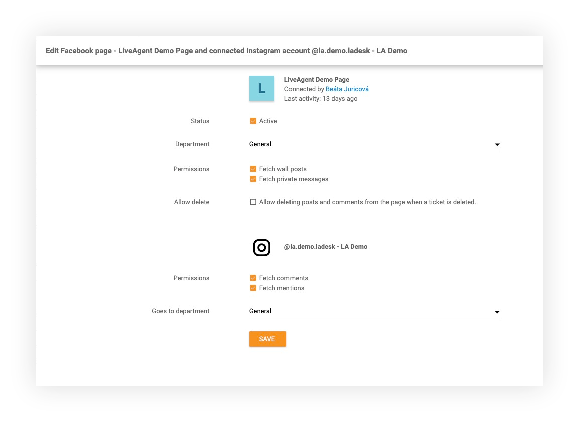 Instagram-funksjon i LiveAgent