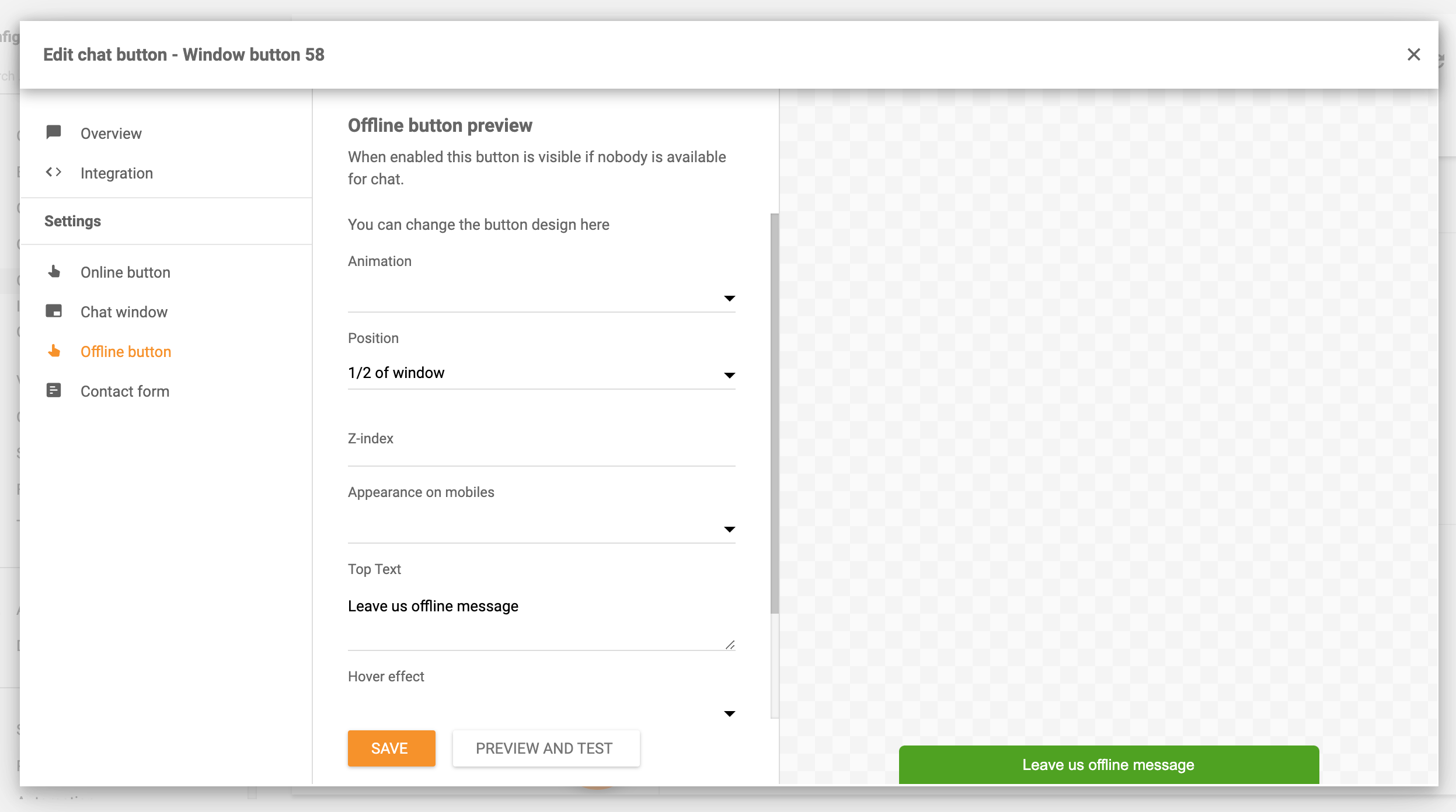 Innstillinger for offline chattknapp LiveAgent