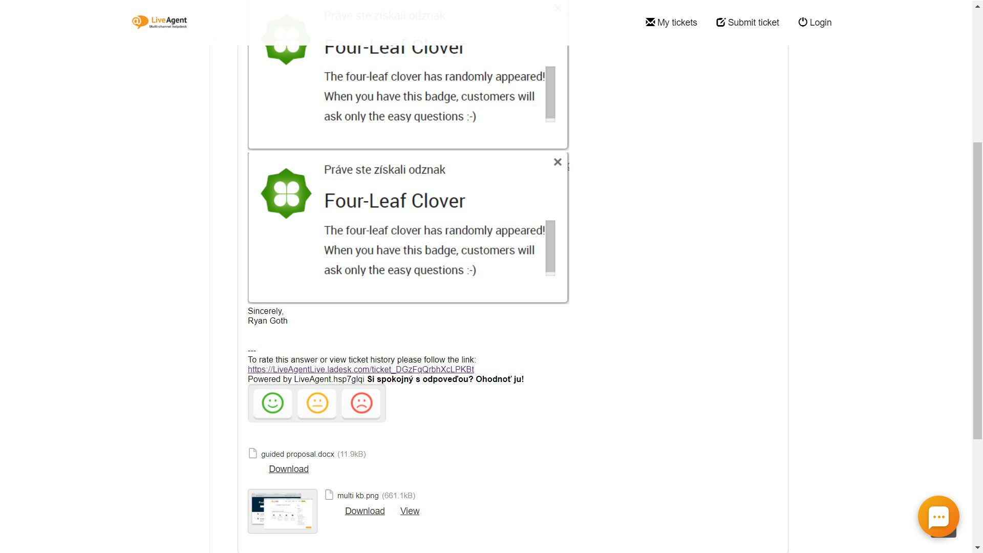 Send the entire ticket history to someone by sharing a clickable link