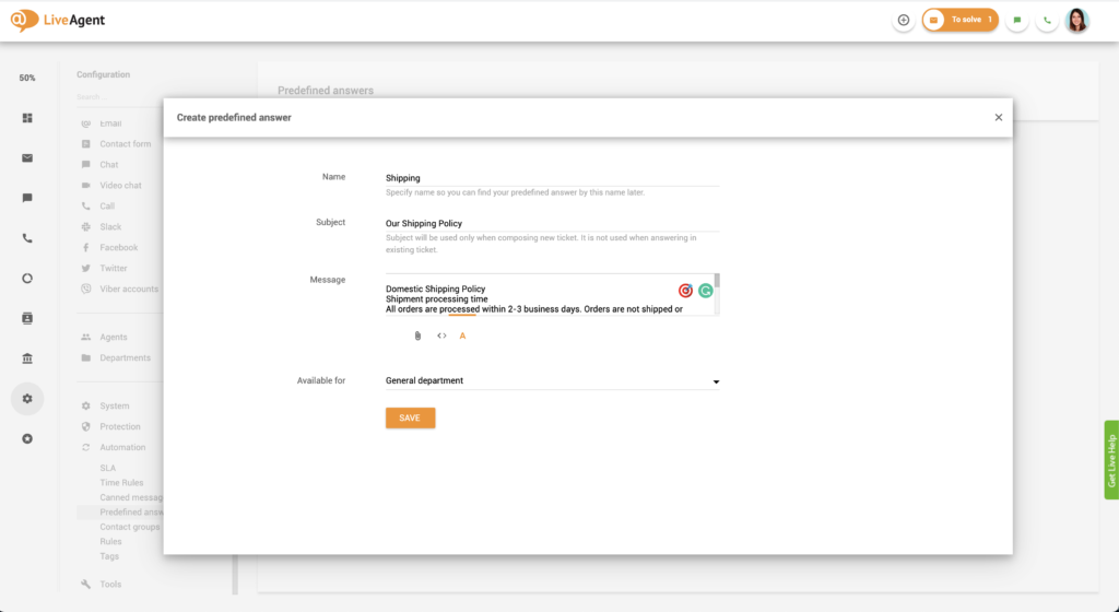 Oppsett av forhåndsdefinerte svar i LiveAgent