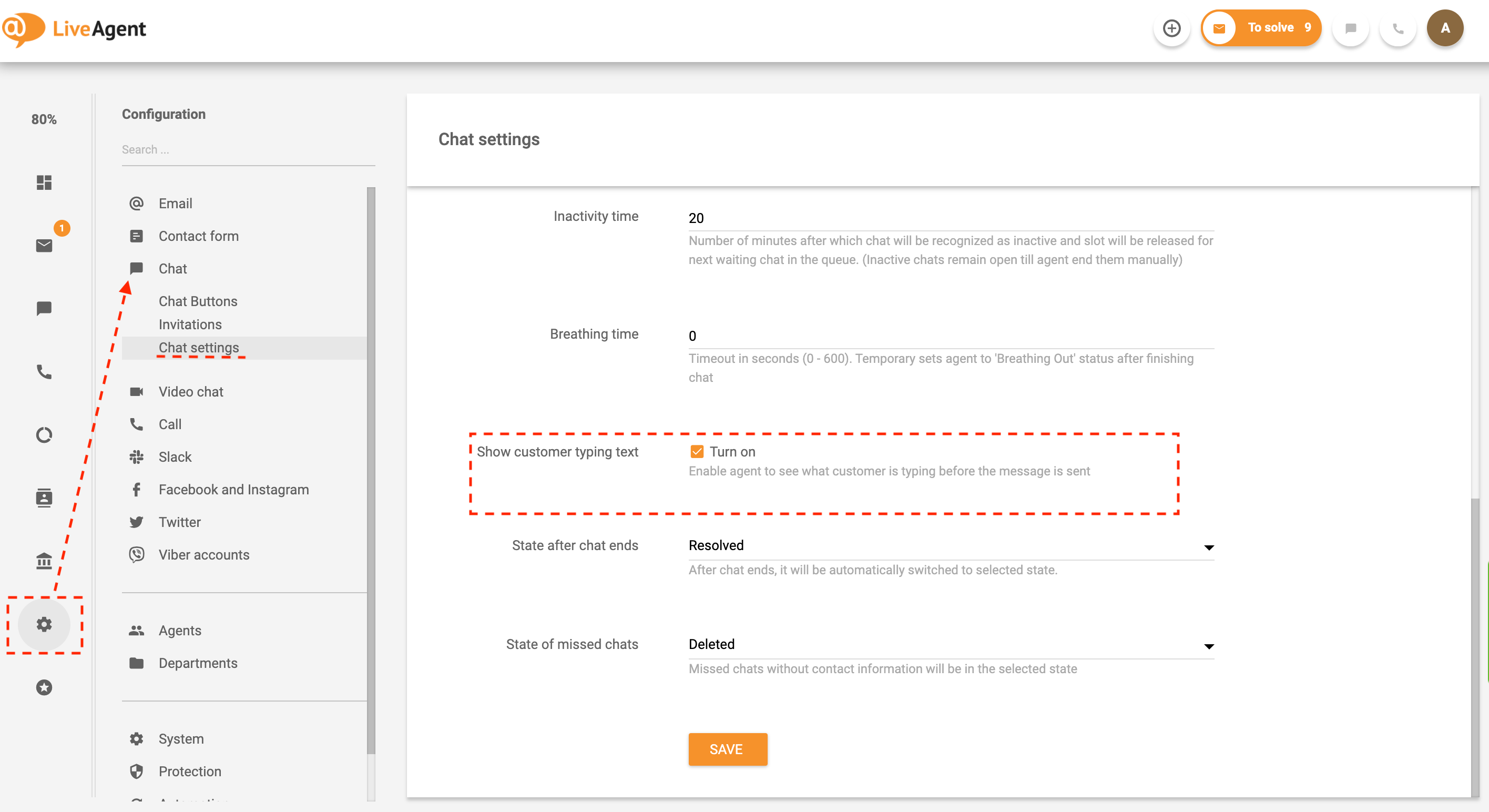Sanntidsvisning av skrivefremvisning-innstillinger i LiveAgent