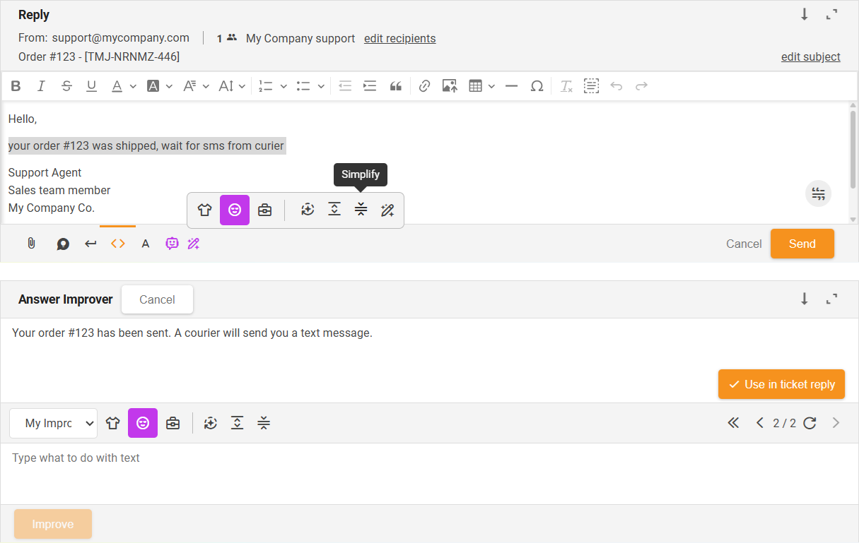 Forenkle-funksjon AI Answer Improver - grensesnittsoversikt