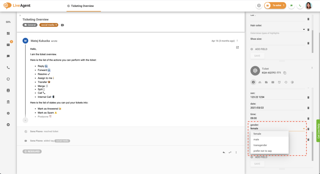Eksempel på billettfelt listeboks