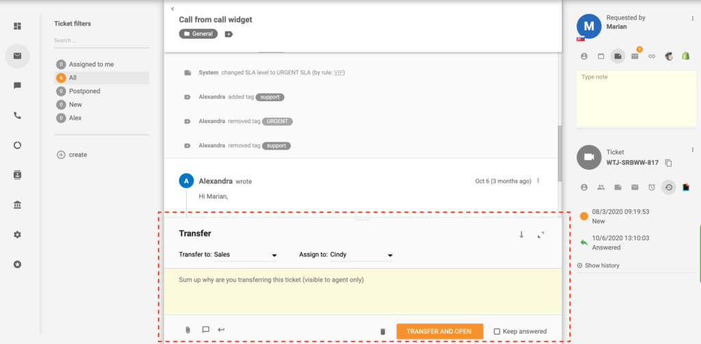 Overfør henvendelse i LiveAgent