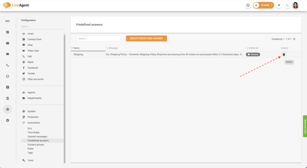 Sletting av forhåndsdefinert svar i LiveAgent