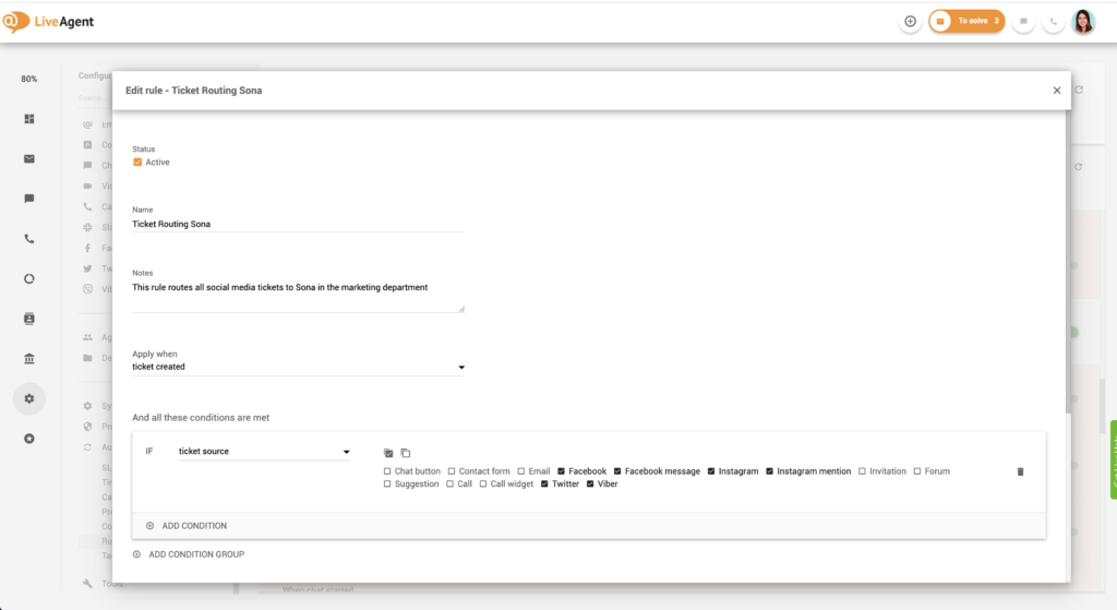 Sette opp ansvarsregler i LiveAgent