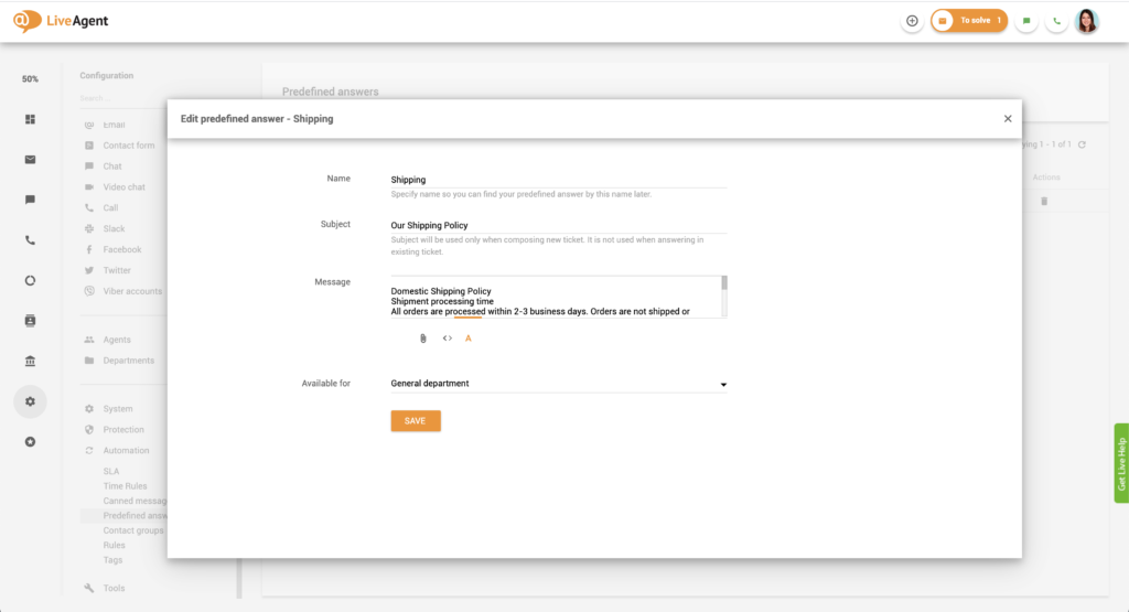 Redigering av forhåndsdefinerte svar i LiveAgent