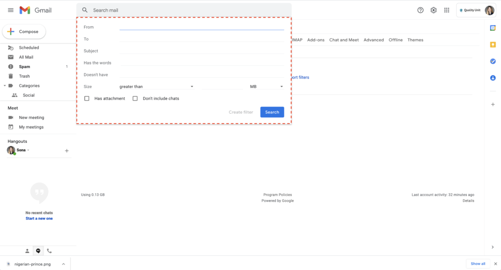 Gmail SPAM-filtreringseksempel 2