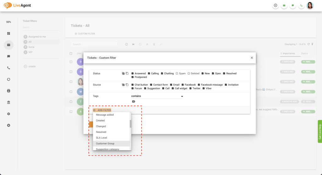 LiveAgent legg til kundefilter