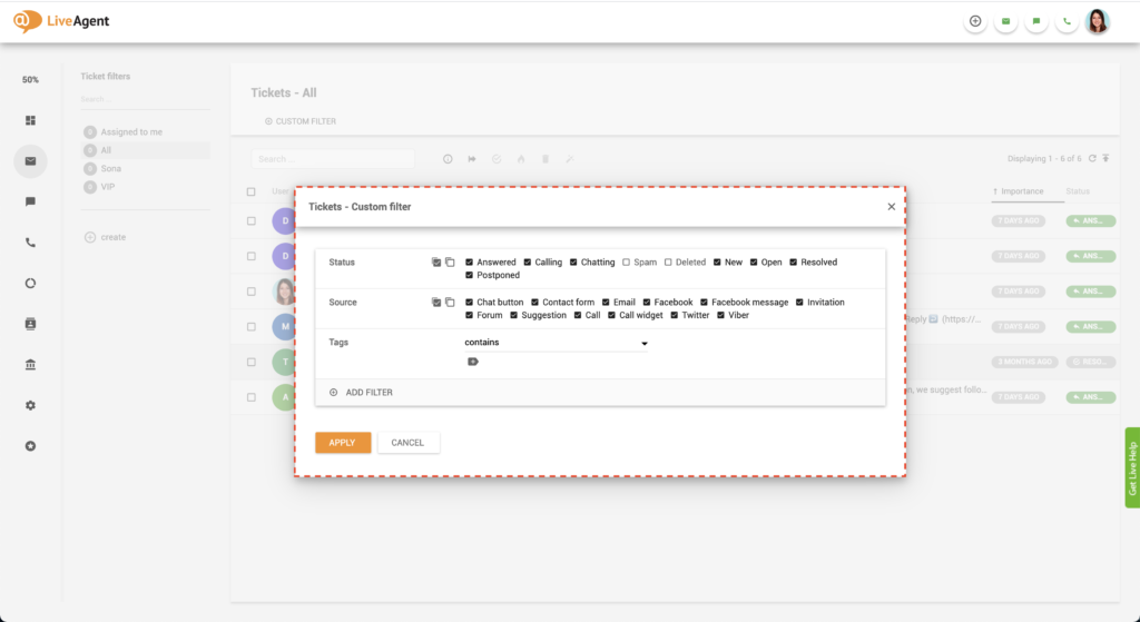 LiveAgent velge filter
