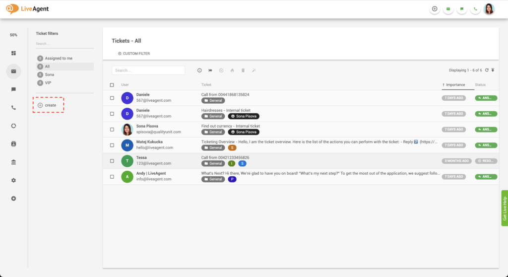 LiveAgent opprett filter