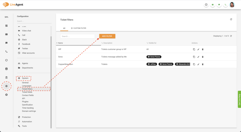 LiveAgent opprett globalt filter