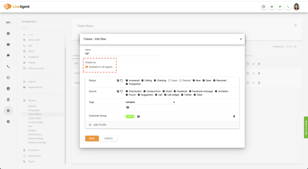 LiveAgent rediger globalt filter